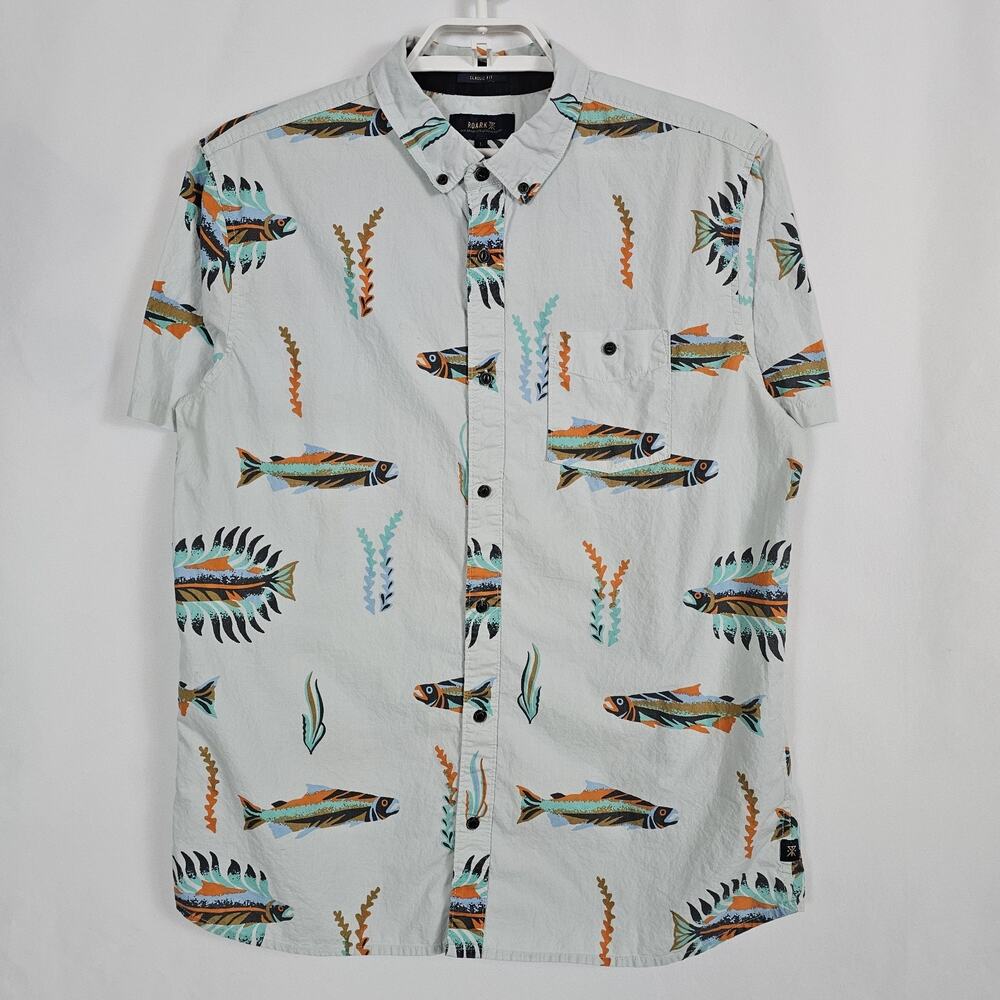 Roark Bait & Switch Shirt Men's Large Fish Print 100% Cotton Short Sleeve Gray